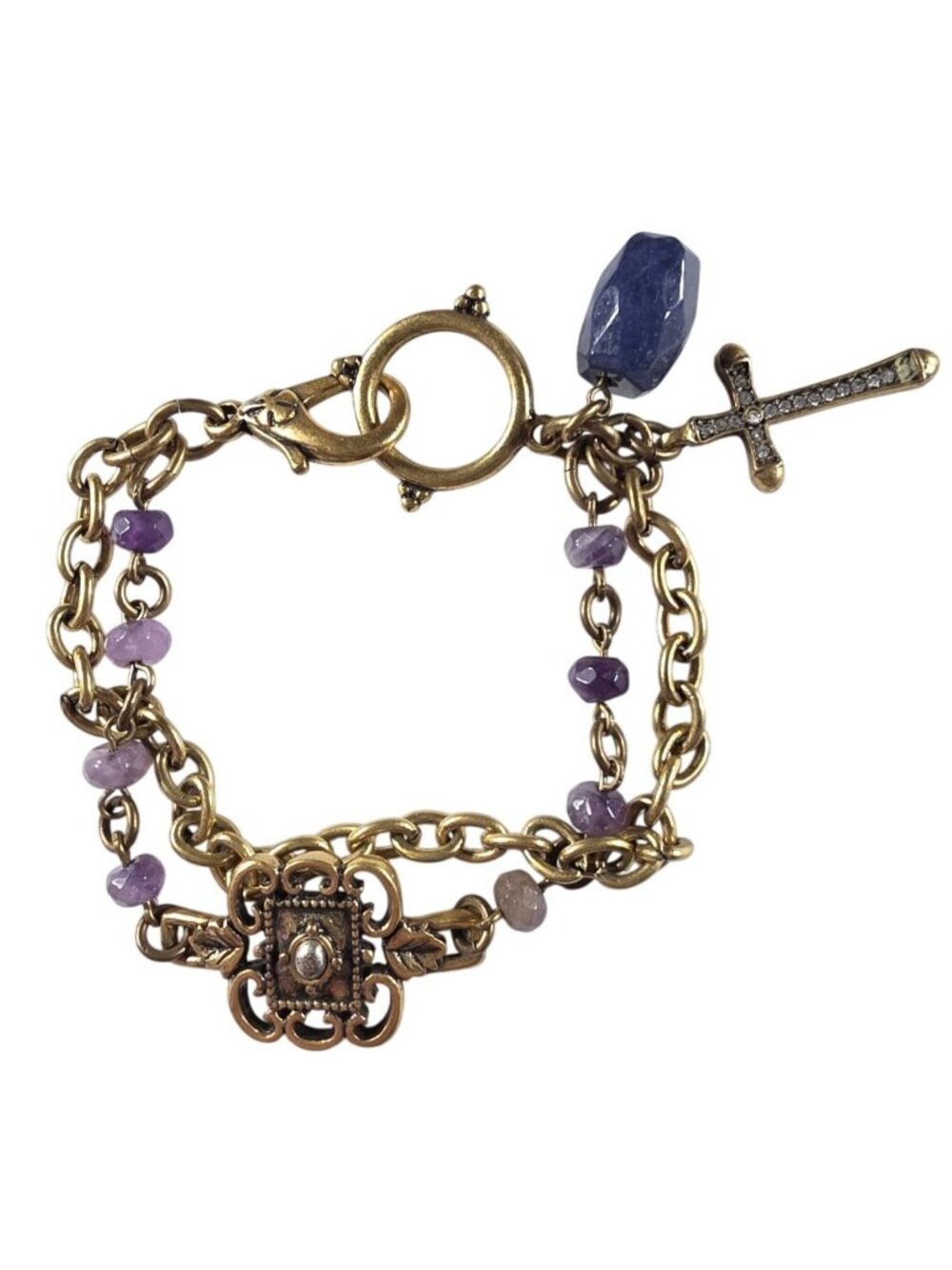 Gold-Tone Chain Bracelet lucky brand Charms Floral Filigree rhinestone cross